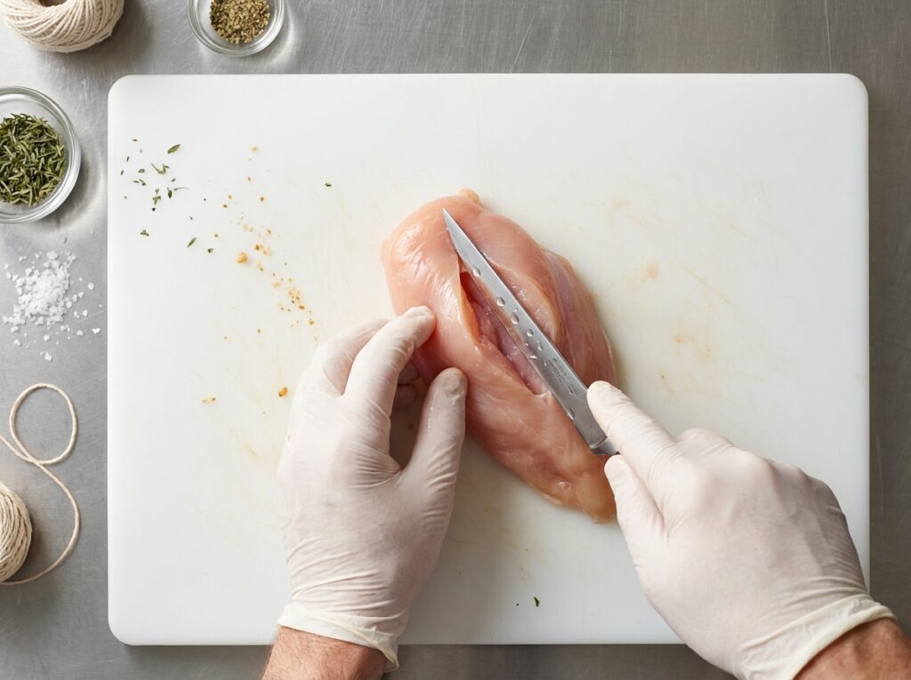 Chef slicing chicken 202604091756