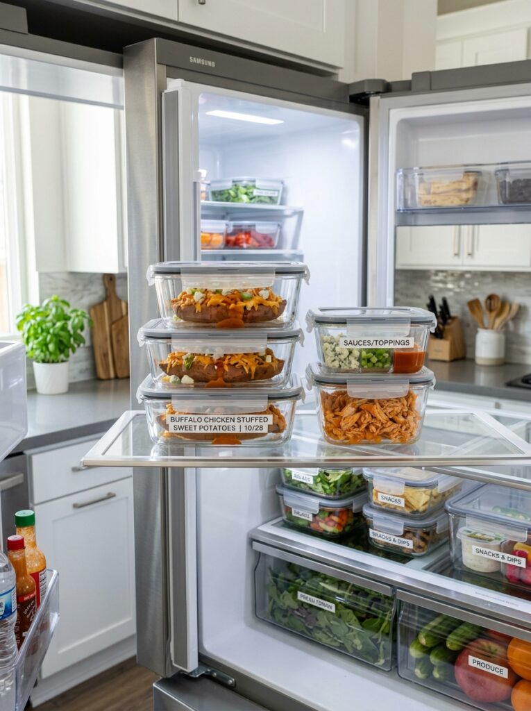 Slow Cooker Buffalo Chicken Stuffed Sweet Potatoes 16 Food containers with 202604232207
