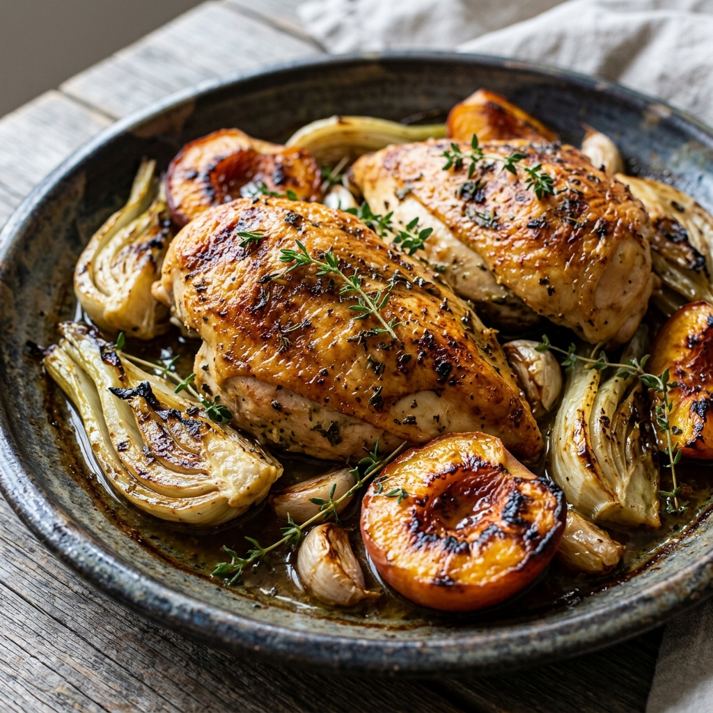 Roasted Chicken With Fennel and Peaches recipe