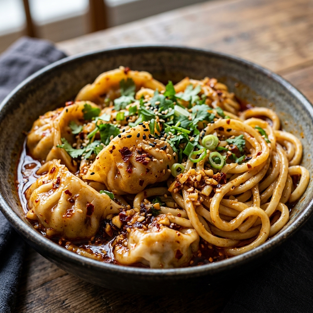 Chile Oil Dumplings With Noodles recipe
