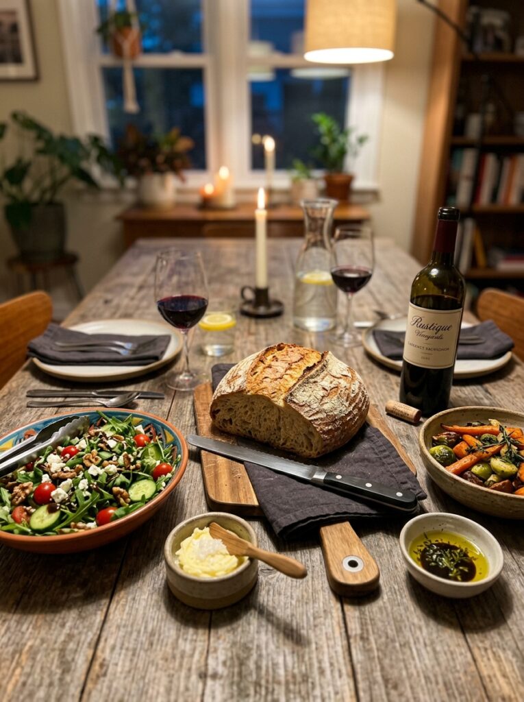 Easy no knead artisan bread: A Homemade Crusty Loaf Recipe 15 Bread setup with side dishes 202606111930
