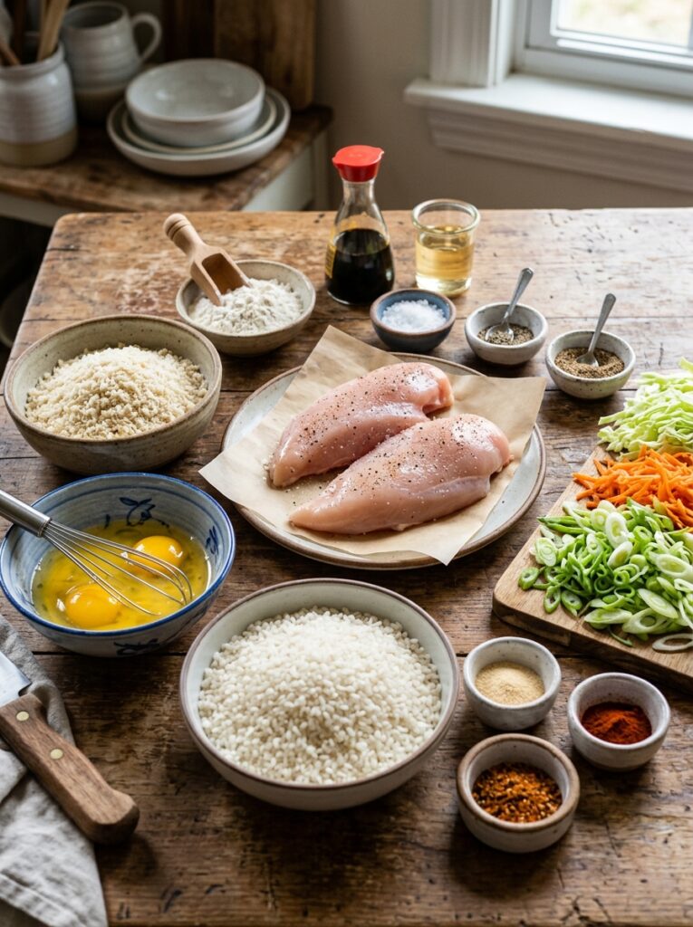 Chicken Katsu Bowls: A Crispy, Comforting Japanese Home Recipe 13 Chicken katsu ingredients on table 202605221954