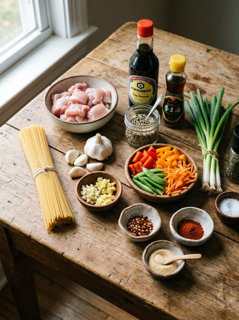 Chicken noodles ingredients arra… 202605141227