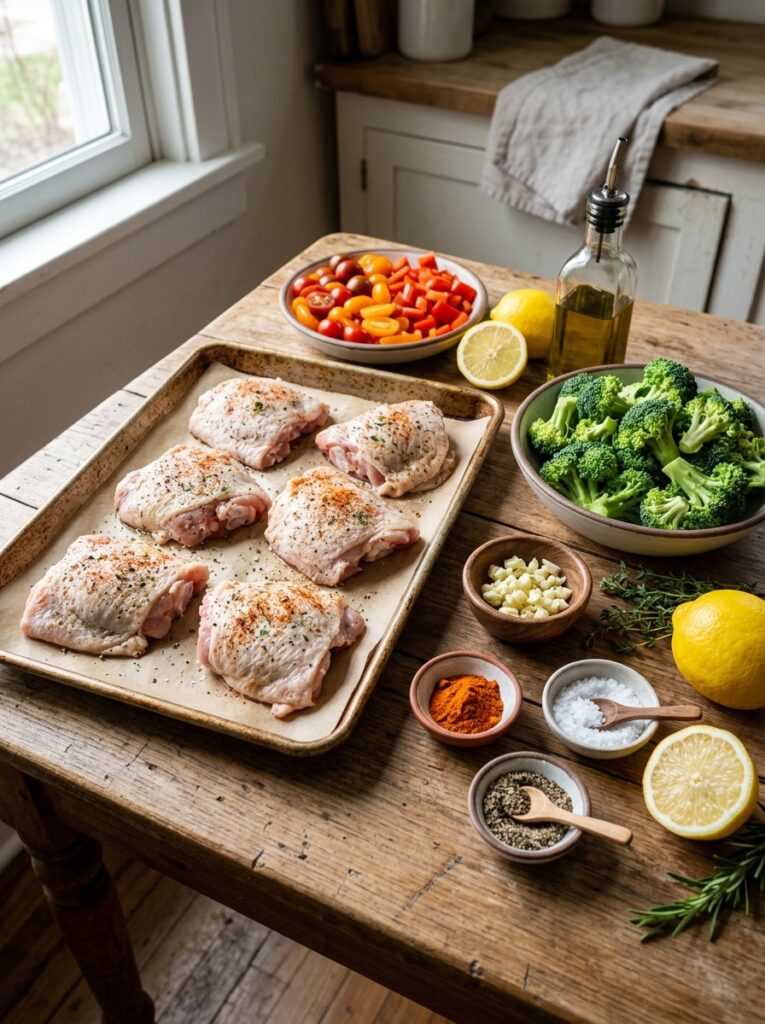 Sheet Pan Chicken Thighs and Broccoli: Easy One-Pan Dinner Recipe 13 Chicken thighs and broccoli ingr… 202605241800