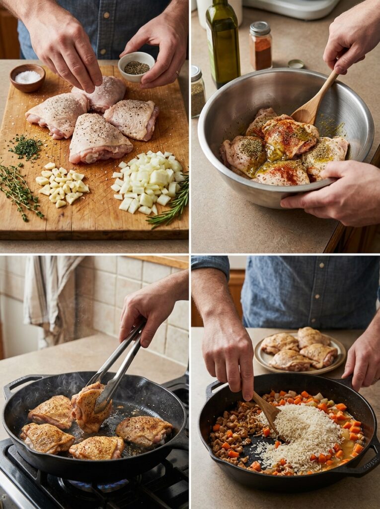 One Pan Chicken Thighs and Rice 14 Chicken thighs and rice cooking 202605182341