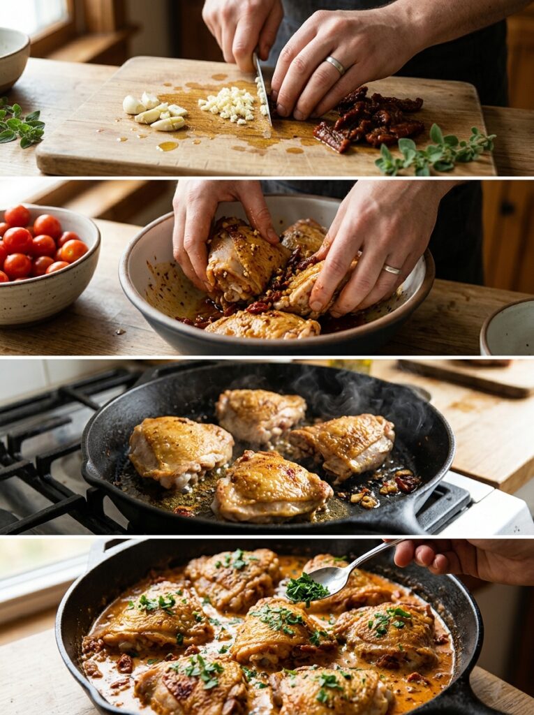 Garlic Sun Dried Tomato Chicken Thighs: Easy Skillet Recipe 14 Chicken thighs cooking process 202605142348