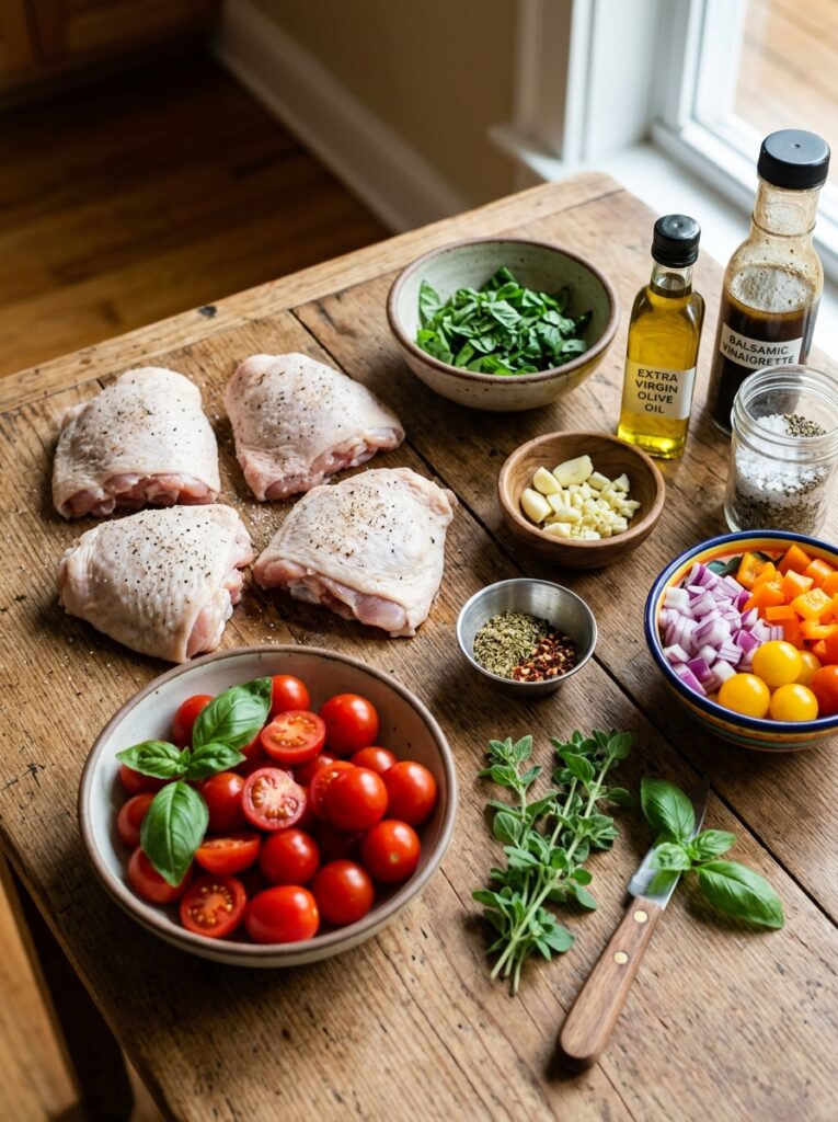 Bruschetta Chicken Thighs: Easy Italian Recipe for Juicy Dinner 13 Chicken thighs ingredients on table 202605062300