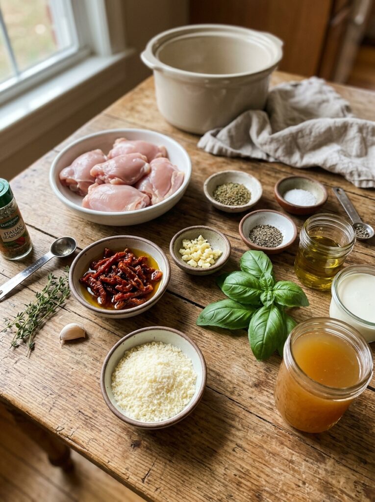 Crockpot Creamy Sun Dried Tomato Chicken 13 Chicken thighs ingredients on table 202605081341