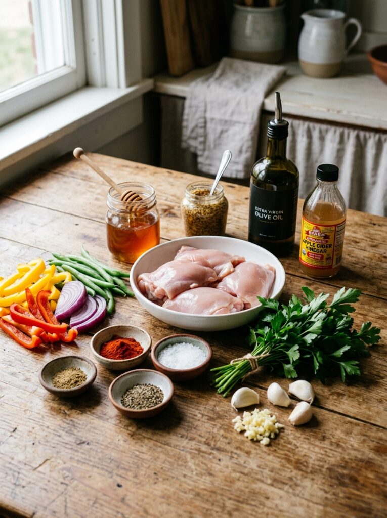 honey mustard chicken thighs: Easy Homemade Recipe 13 Chicken thighs ingredients on table 202605101356