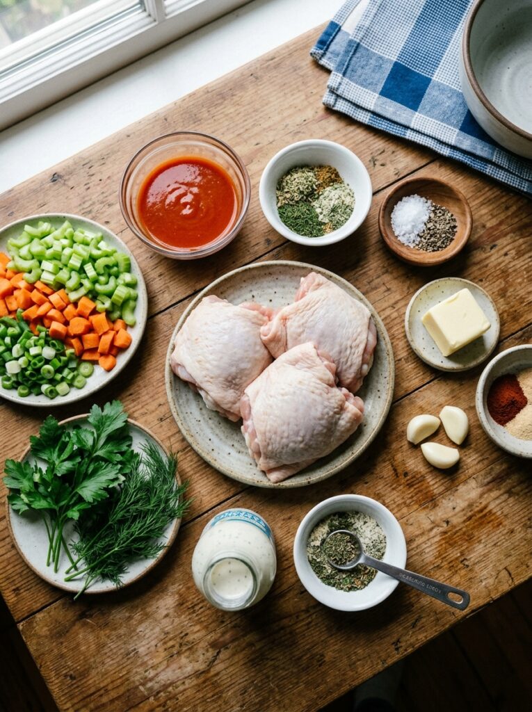 Buffalo Ranch Chicken Thighs: A Spicy, Creamy Homemade Recipe 13 Chicken thighs ingredients on table 202605101416
