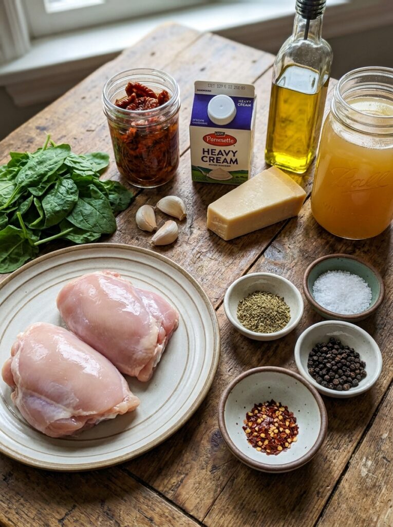 Creamy Tuscan Chicken Thighs: A Rich, One-Skillet Italian Dinner 13 Chicken thighs ingredients on table 202605131825