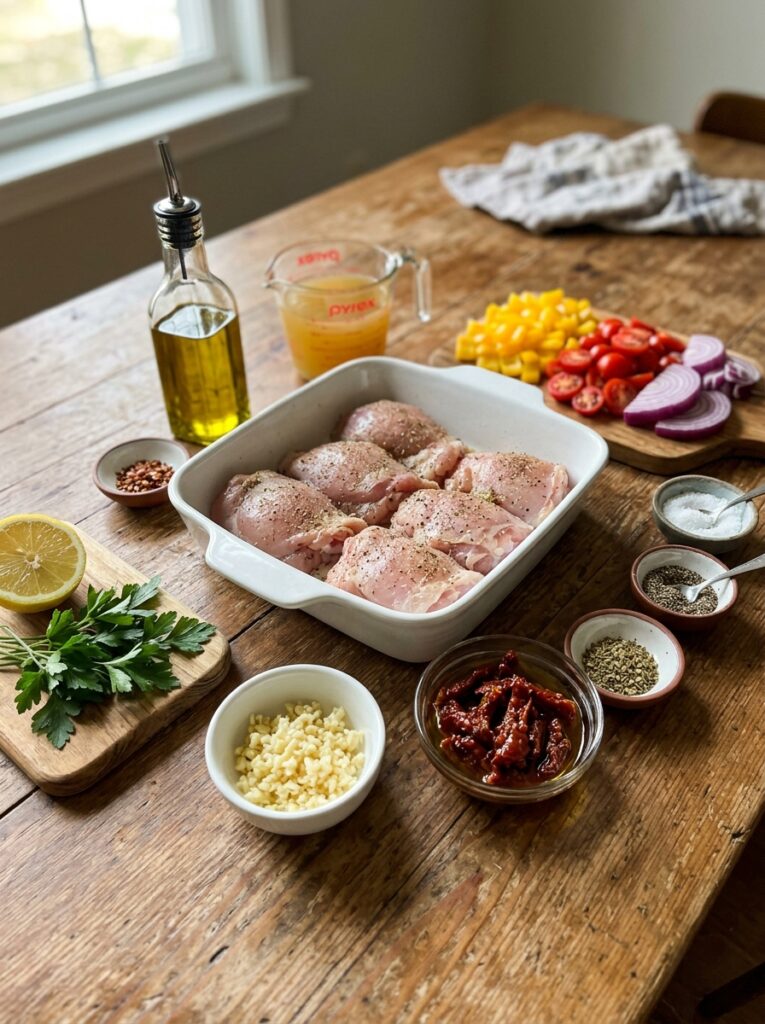 Garlic Sun Dried Tomato Chicken Thighs: Easy Skillet Recipe 13 Chicken thighs ingredients on table 202605142348