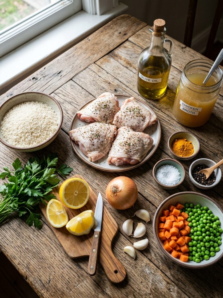 Lemon Rice Chicken Thighs: Flavorful One-Pan Dinner 13 Chicken thighs ingredients on table 202605182359