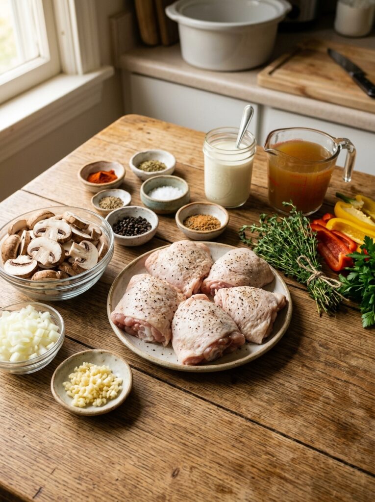 Crockpot Creamy Mushroom Chicken Thighs: Slow Cooker Comfort Food 13 Chicken thighs ingredients on table 202605302130