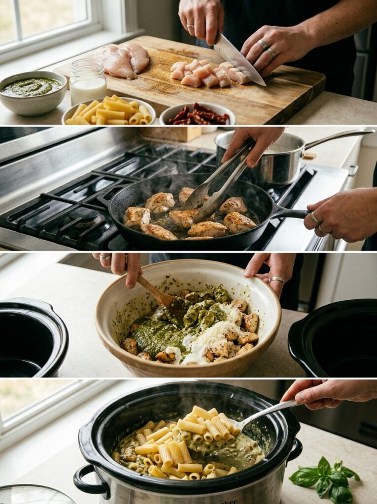 Slow Cooker Creamy Pesto Chicken Pasta 14 Cooking creamy pesto chicken pasta 202605021754