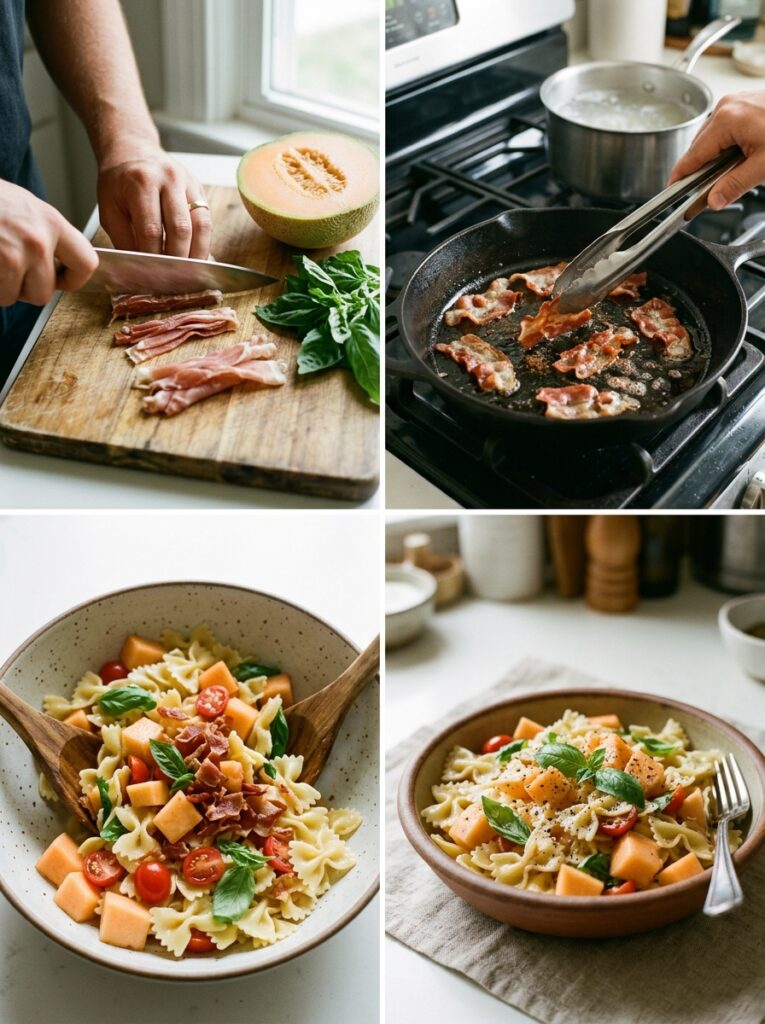 Crispy prosciutto melon basil pasta salad 14 Crispy prosciutto melon basil pa… 202606051813