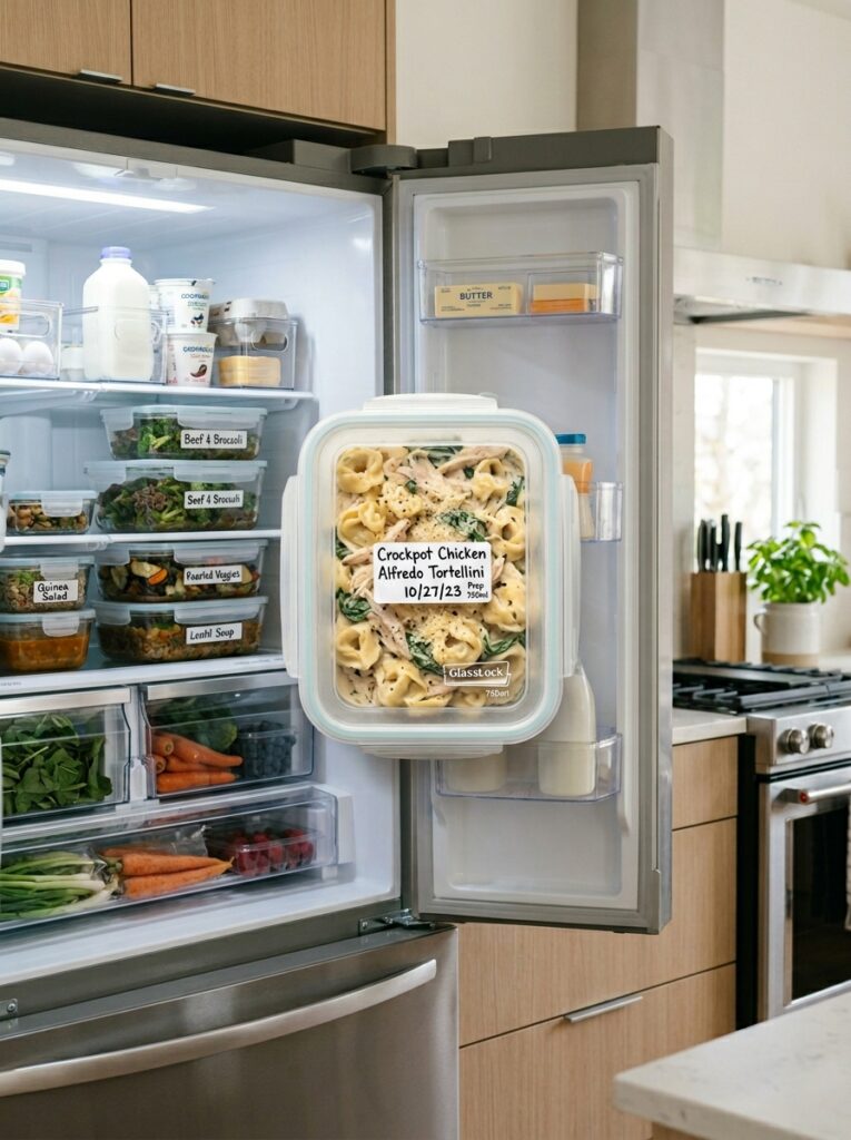Crockpot Chicken Alfredo Tortellini 16 Food containers with chicken alf… 202605021728