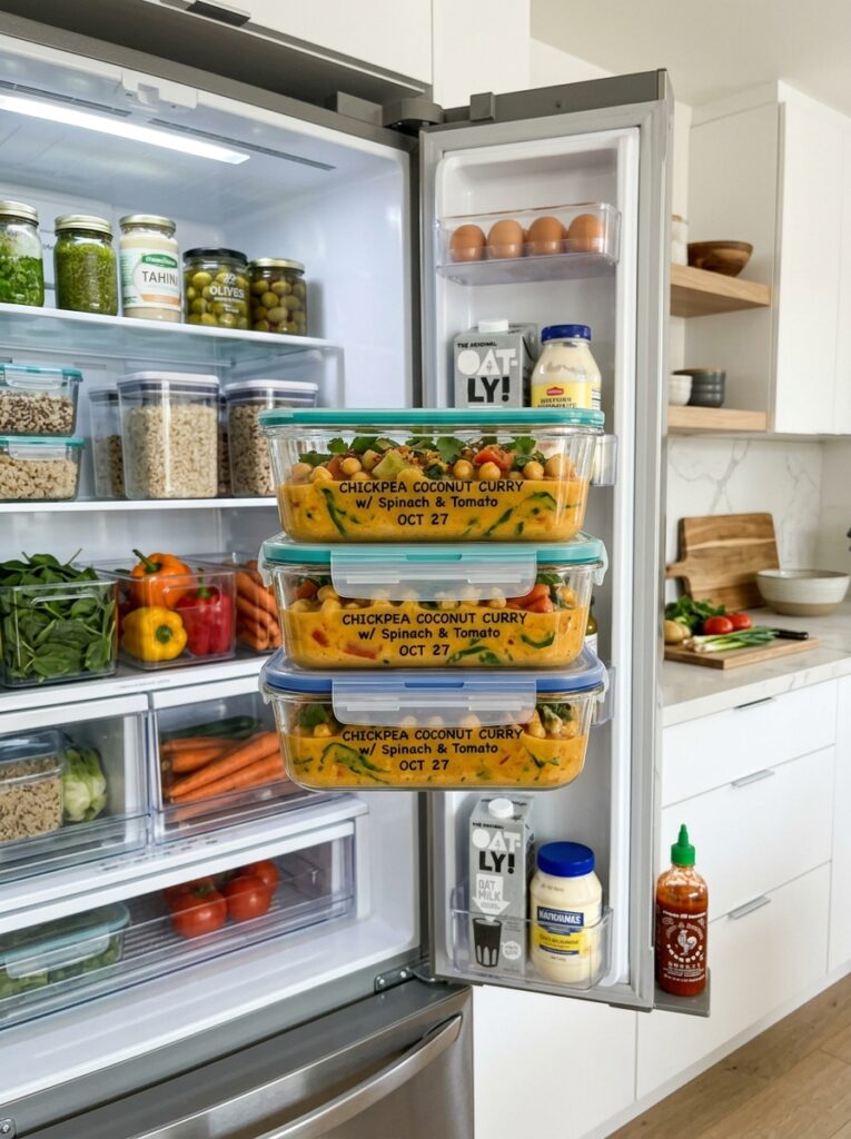 Chickpea coconut curry spinach tomato 16 Food containers with curry spinach 202606121515
