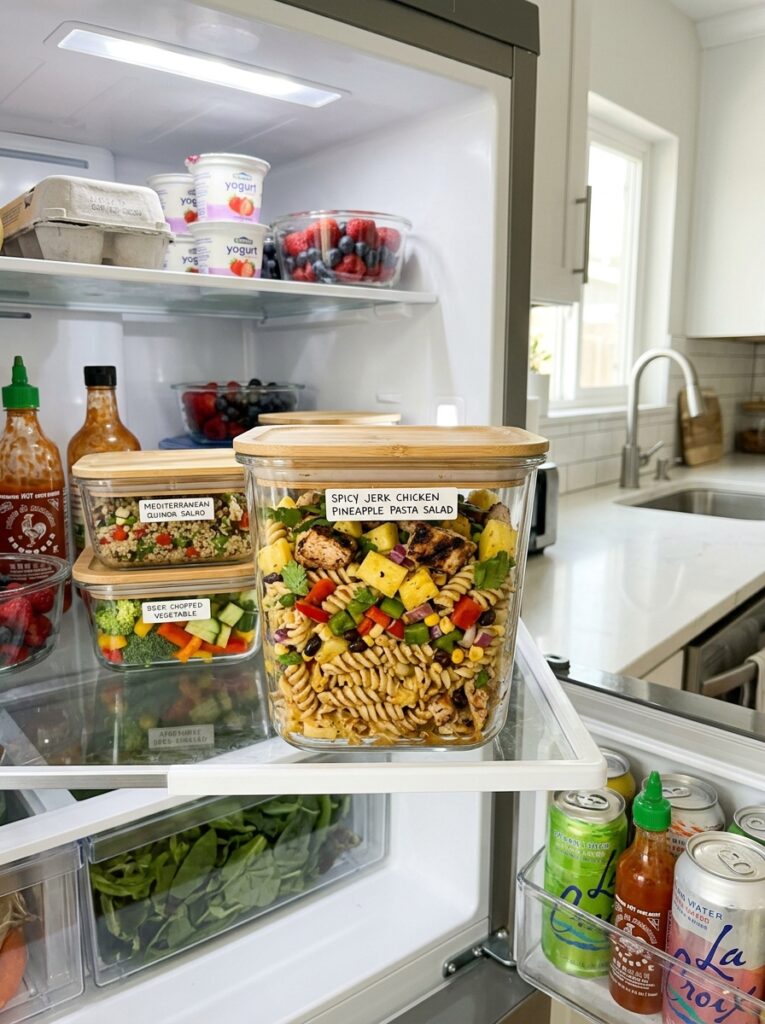Spicy jerk chicken pineapple pasta salad 16 Food containers with jerk chicke… 202606062035