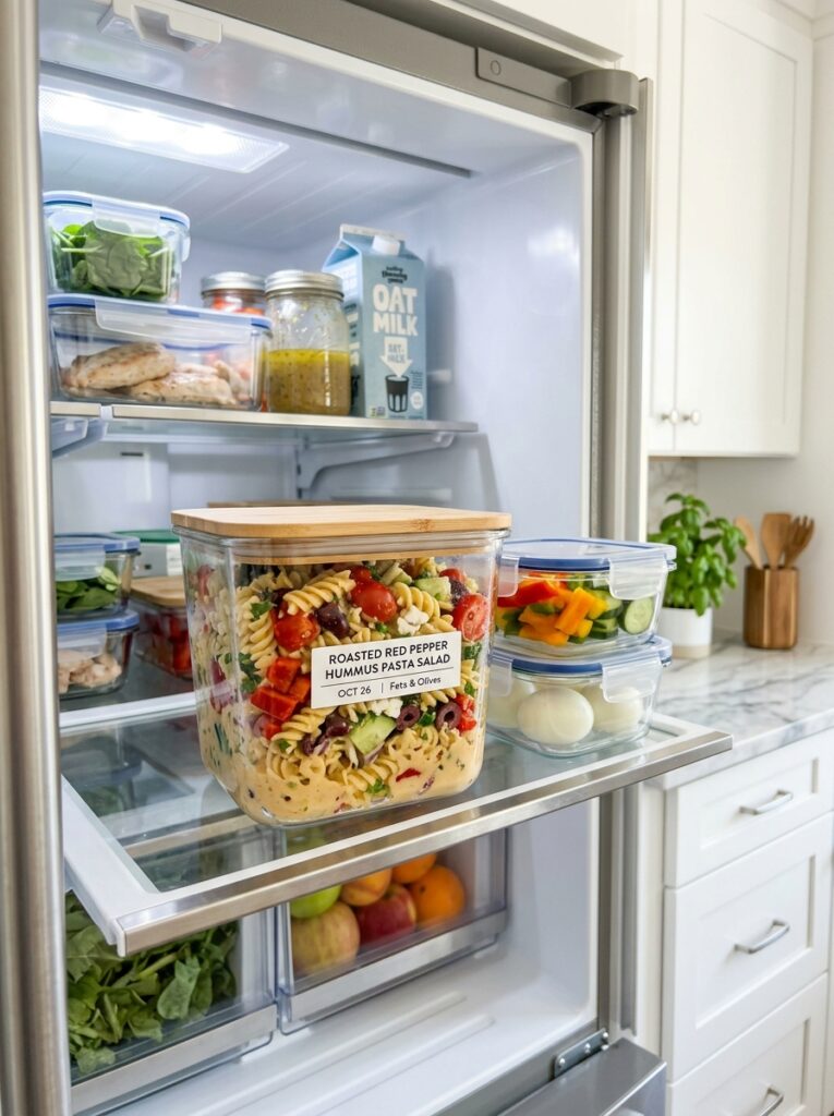 Roasted red pepper hummus pasta salad 16 Food storage containers fridge o… 202606051822