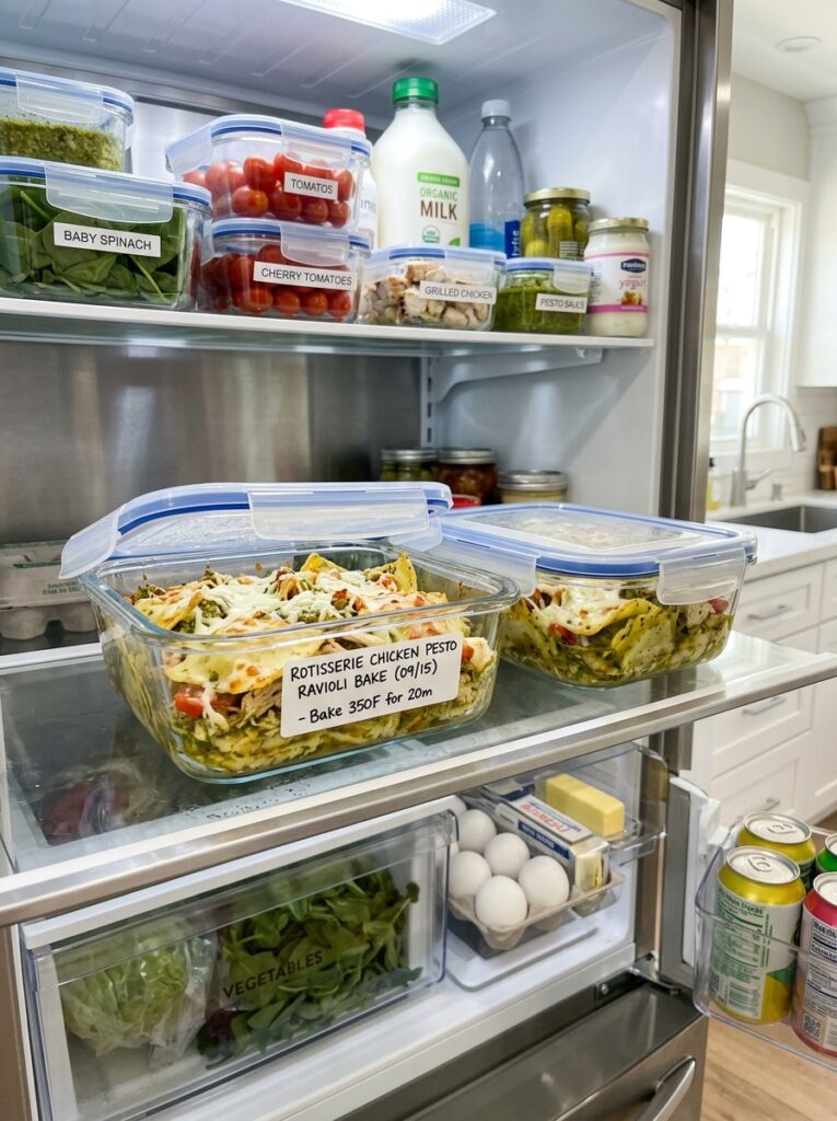 Rotisserie Chicken Pesto Ravioli Bake: A Cozy Weeknight Dinner 16 Food storage containers with rav… 202605302113
