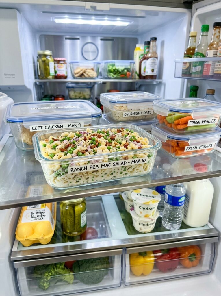 Creamy buttermilk ranch pea macaroni salad 16 Food storage containers with salad 202606041822