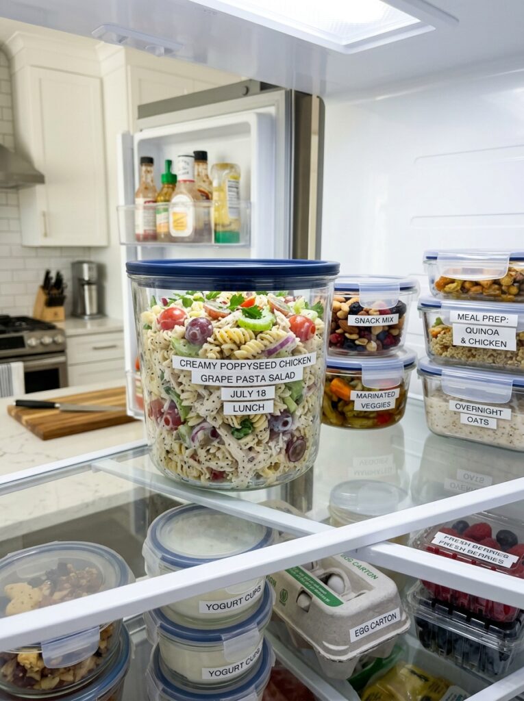 Creamy Poppyseed Chicken Grape Pasta Salad: A Dreamy Summer Dish 16 Food storage containers with salad 202606051757