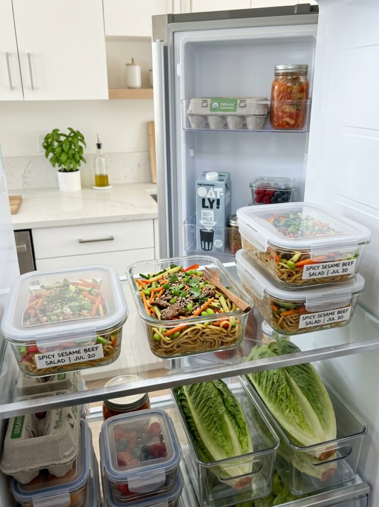 Spicy sesame beef cold noodle salad 16 Food storage containers with salad 202606062104