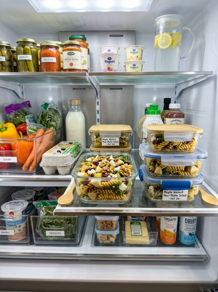 Sweet maple glaze walnut pear pasta salad 16 Food storage containers with salad 202606062108
