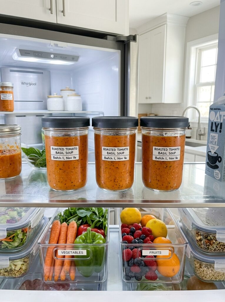 Creamy roasted tomato basil soup 16 Food storage containers with soup 202606071913