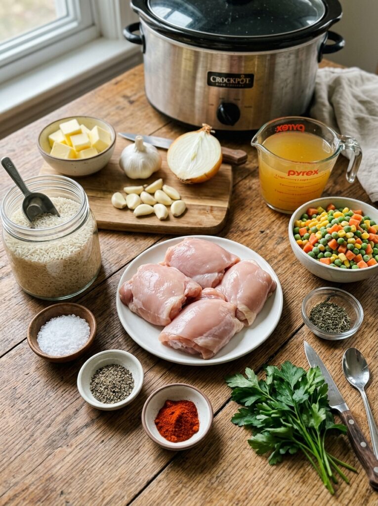 Crockpot Garlic Butter Chicken and Rice 13 Ingredients for chicken and rice 202605032235