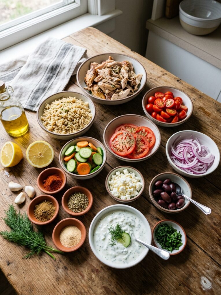 rotisserie chicken gyro bowls: Easy Homemade Recipe 13 Ingredients for chicken gyro bowls 202605042345