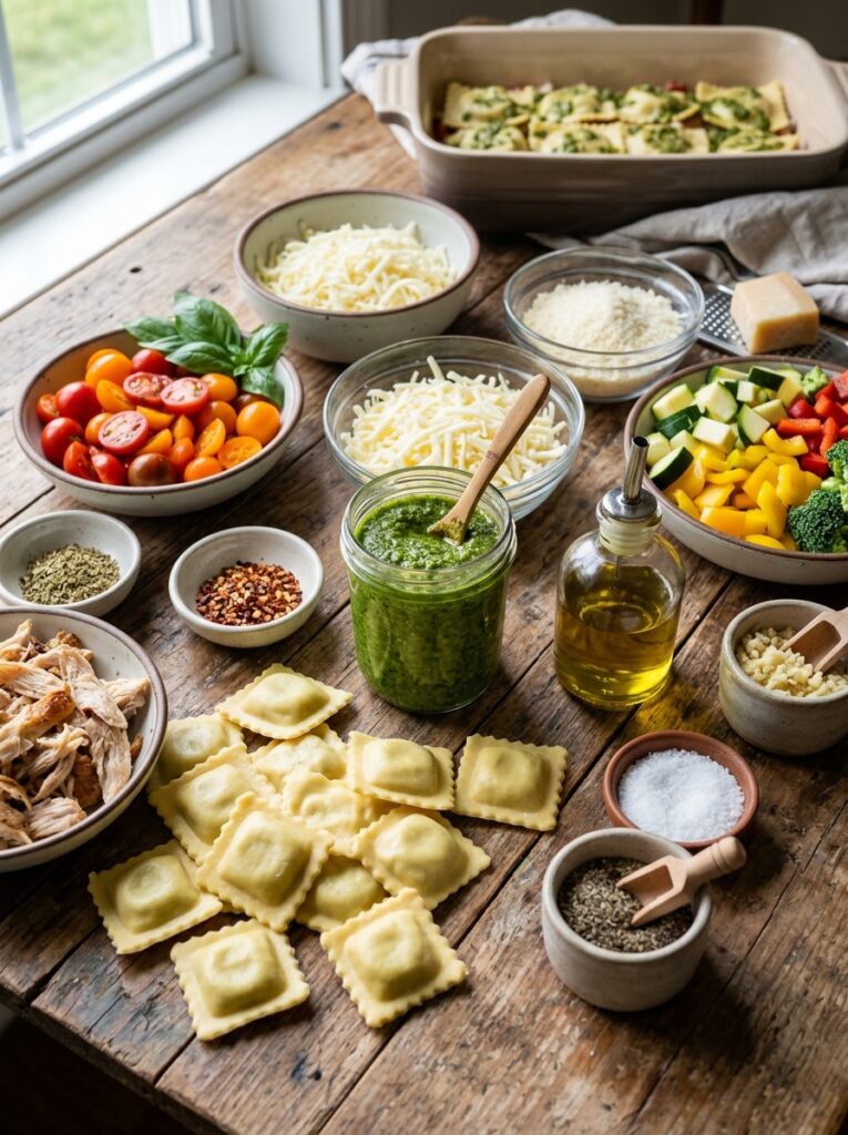 Rotisserie Chicken Pesto Ravioli Bake: A Cozy Weeknight Dinner 13 Ingredients for chicken pesto ra… 202605302112