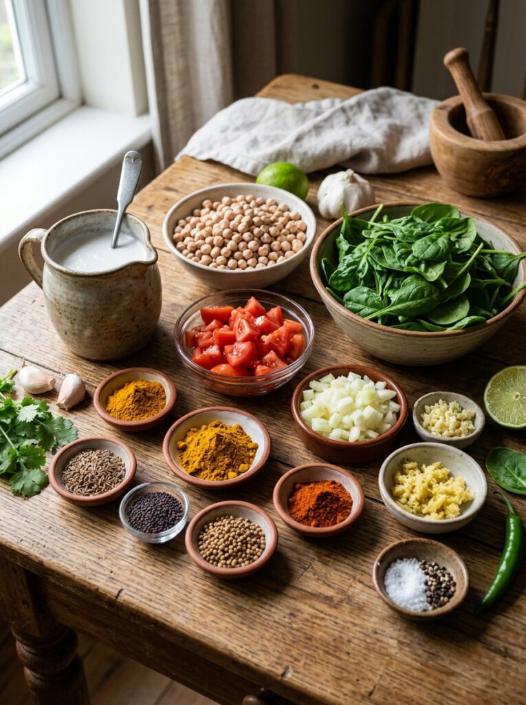 Chickpea coconut curry spinach tomato 13 Ingredients for chickpea curry a… 202606121515