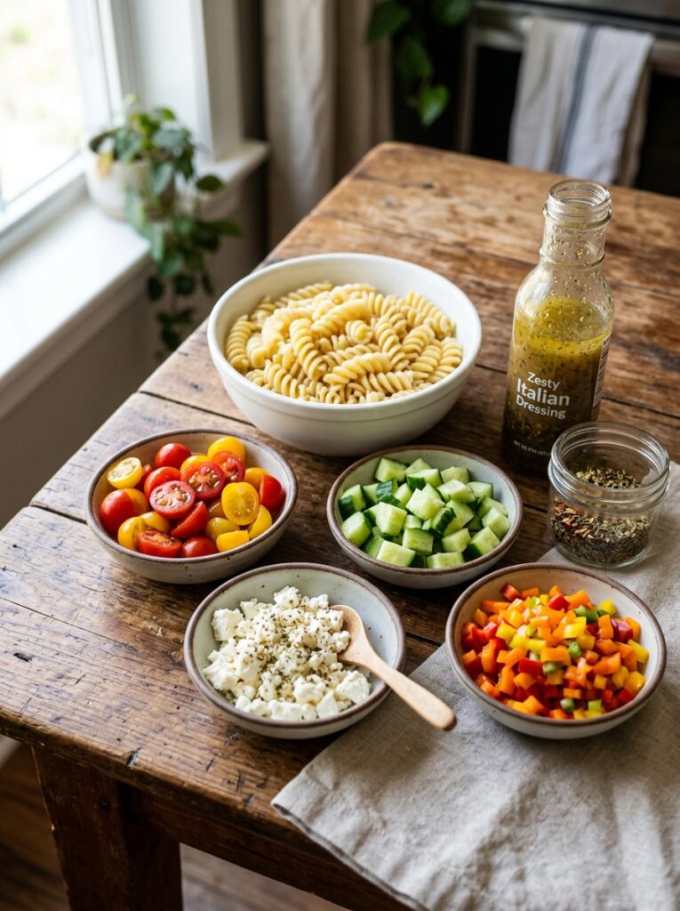Five Ingredient Dump and Go Pasta Salad: Easy, No-Fuss Recipe 13 Ingredients for pasta salad arra… 202606031922