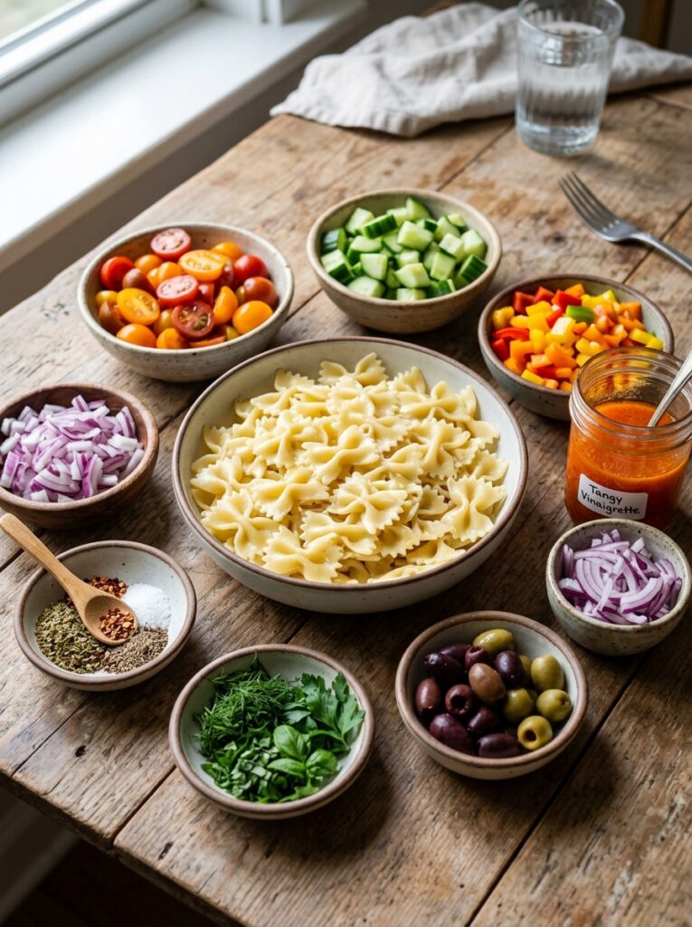 Tangy French Dressing Vegetable Pasta Salad 13 Ingredients for pasta salad arra… 202606051817
