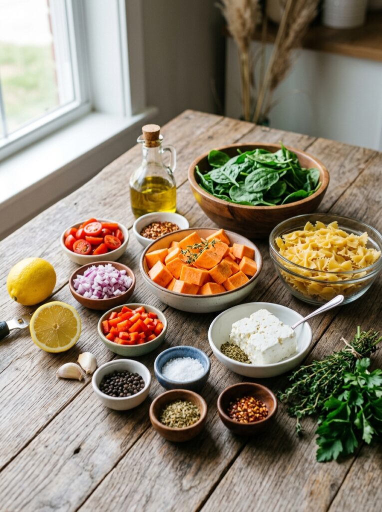 Roasted Sweet Potato Feta Spinach Pasta Salad 13 Ingredients for pasta salad arra… 202606062057