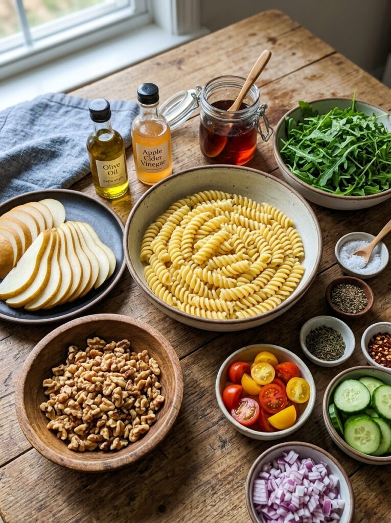 Sweet maple glaze walnut pear pasta salad 13 Ingredients for pasta salad arra… 202606062107