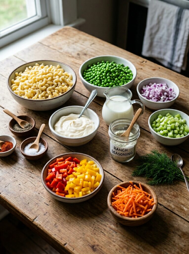 Creamy buttermilk ranch pea macaroni salad 13 Ingredients for pea macaroni salad 202606041822