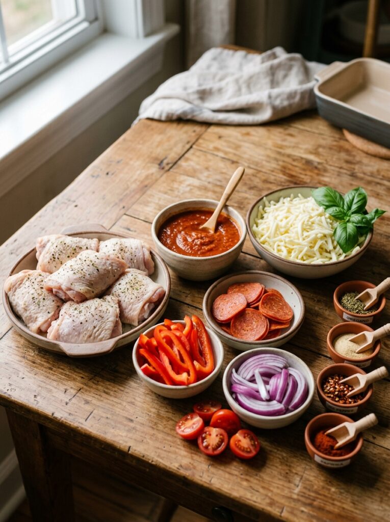 Pizza Baked Chicken Thighs Recipe: Easy Homemade Dinner 13 Ingredients for pizza on table 202605082049