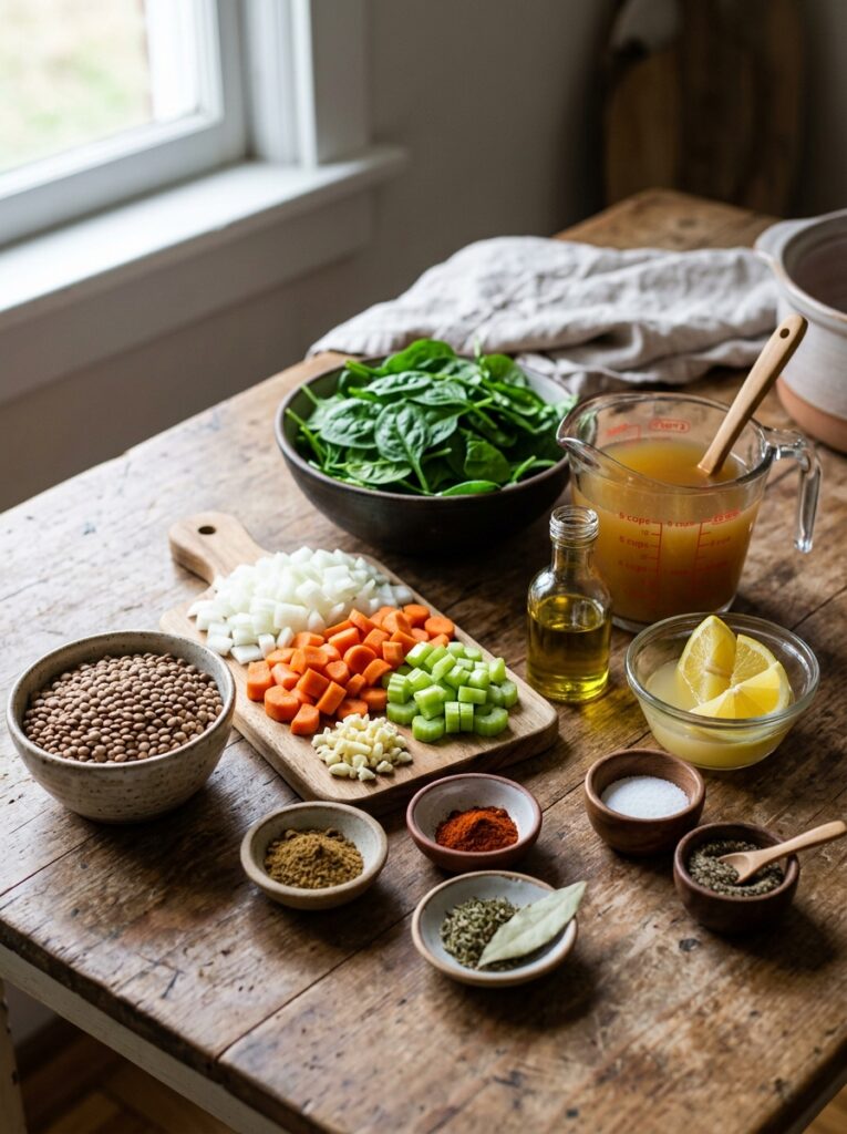 Lentil soup lemon spinach 13 Lentil soup ingredients arranged… 202606071957