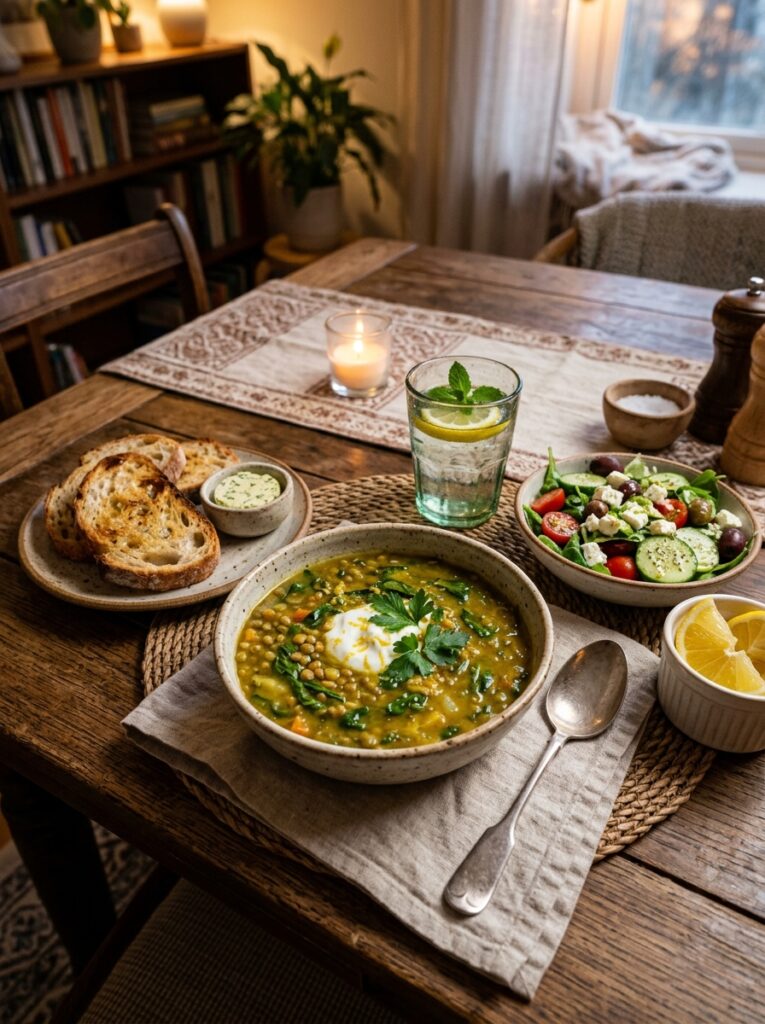Lentil soup lemon spinach 15 Lentil soup with side dishes 202606071957