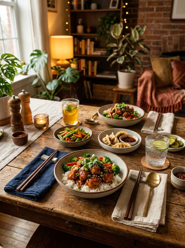 sticky orange chicken bowls 15 Orange chicken bowls table setup 202605211302