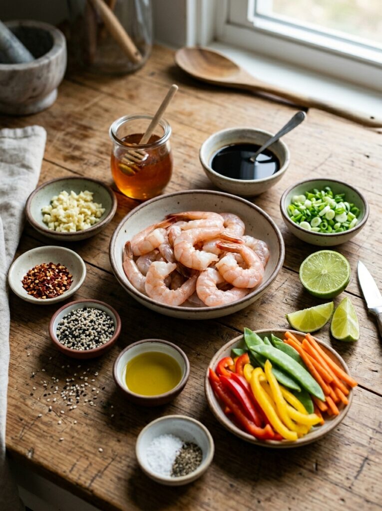 15 Minute Honey Garlic Shrimp 2 Shrimp ingredients on wooden table 202606081927