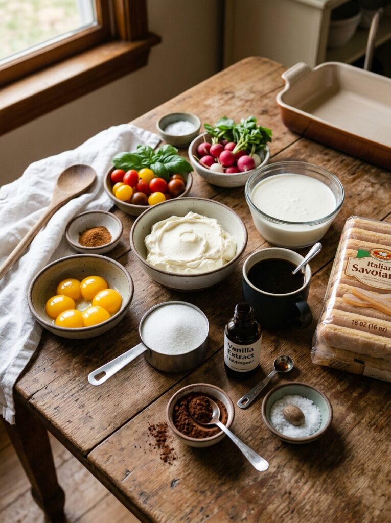 Classic tiramisu recipe without baking 13 Tiramisu ingredients on wooden t… 202606091844