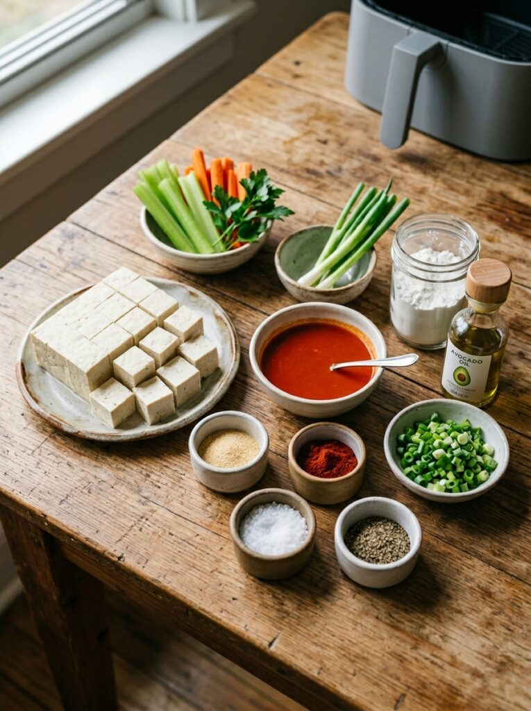 Crispy Buffalo Tofu Bites Air Fryer: The Ultimate Healthy Snack 13 Tofu bites ingredients arranged … 202606121508