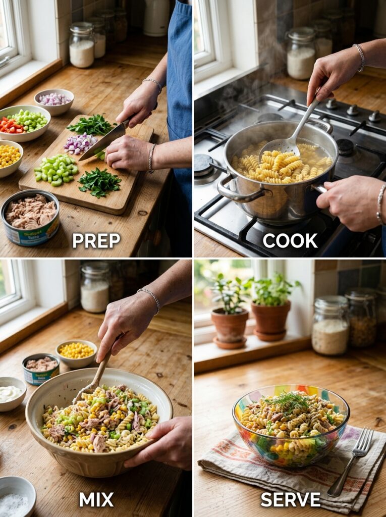 Budget friendly tuna corn pasta salad 3 Tuna corn pasta salad process 202606031926