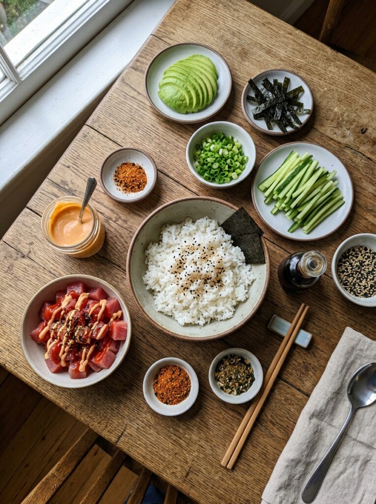 Quick spicy tuna rice bowl 13 Tuna rice bowl ingredients arranged 202606081840