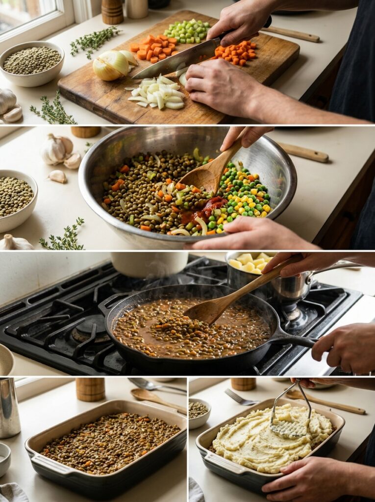 Vegan lentil shepherds pie cooking 202606121521
